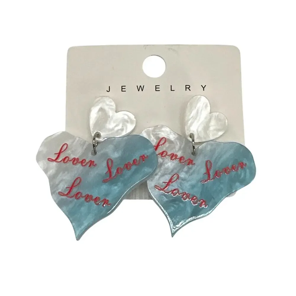 Double Heart Lover Earrings Silver Tone Backs Romantic Dangle Statement Swiftie